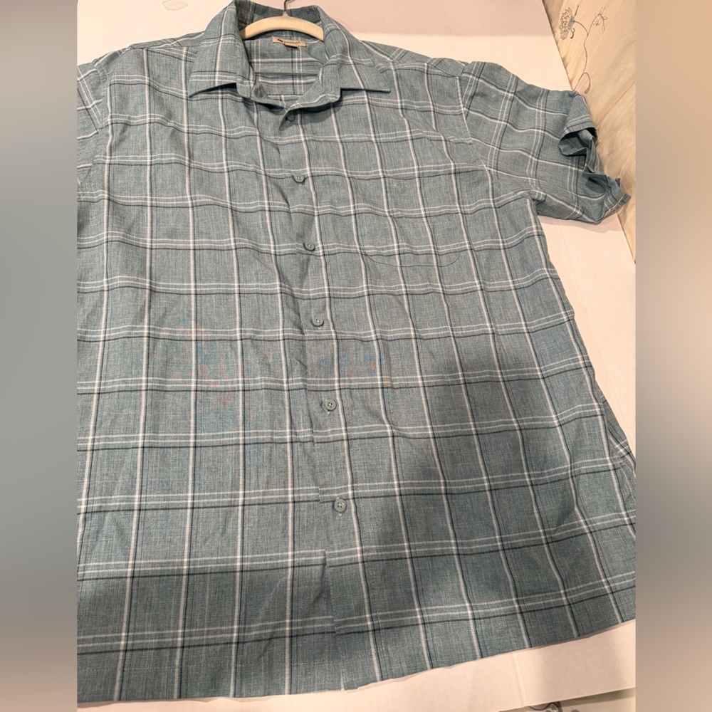 Haggar Teal Plaid Casual Button Down Shirt - Picture 6 of 8